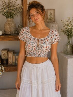 TWIK Simons Floral Cottagecore Crop Top | Milkmaid Coquette Puff Sleeve Top